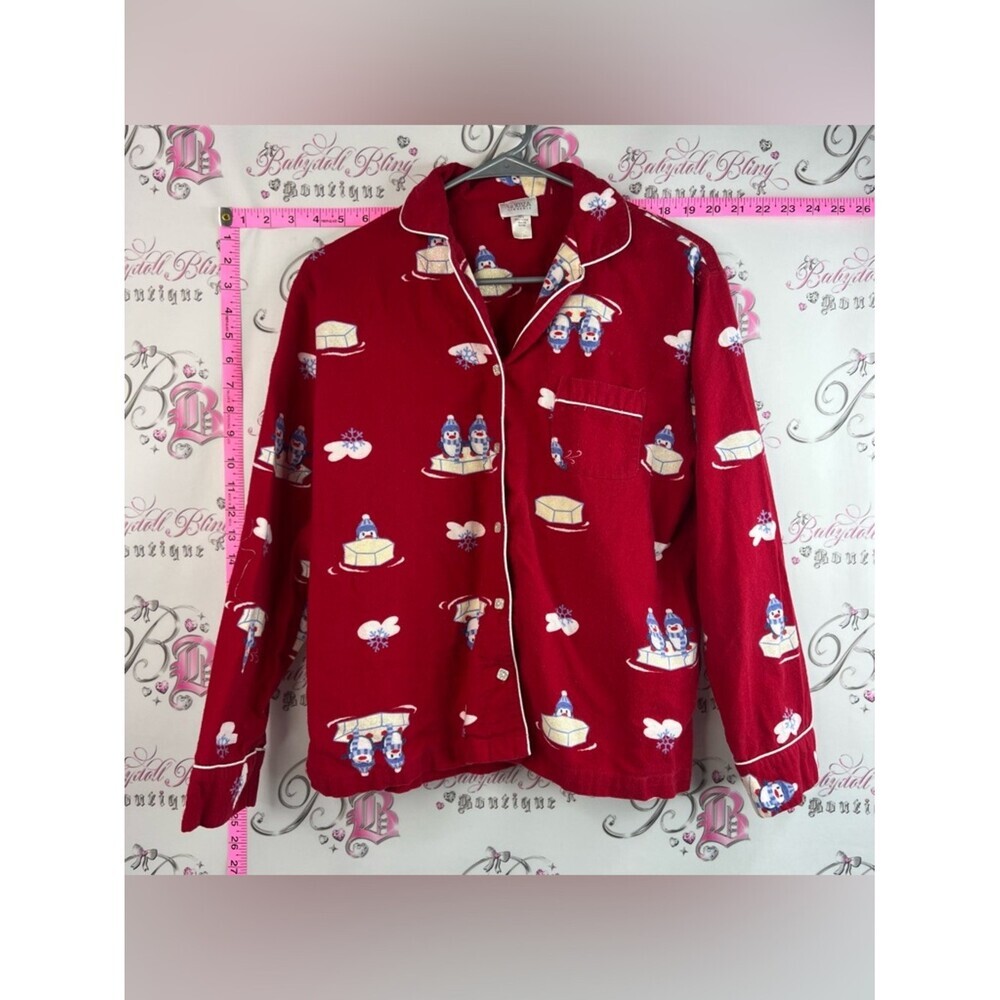 La SENZA shirt sparkly y2k button up Red Pajama Top with Penguin & Butter Print